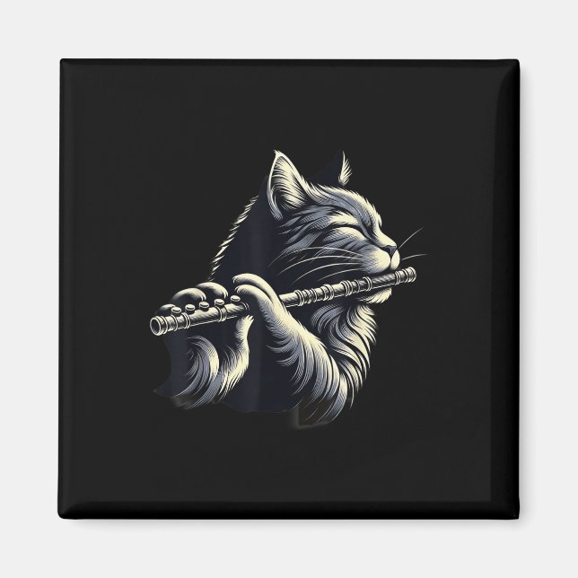 Cat Spelar ut Flute Musician Cats Älskare Magnet (Framsidan)