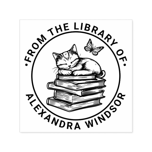Cat Spipande på Bokar, Butterfly Bibliotek Bok Nam Självfärgande Stämpel (Design)