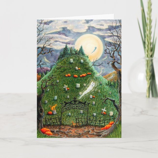 CAT SPÖKEN I NINA LIVES CMETERY SPOOKY ART Blank Helgkort (Framsida)
