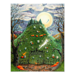 CAT SPÖKEN I NINA LIVES CMETERY, SPOOKY FOLK ART FOTOTRYCK
