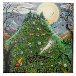 CAT SPÖKEN I NINA LIVES CMETERY, SPOOKY FOLK ART KAKELPLATTA