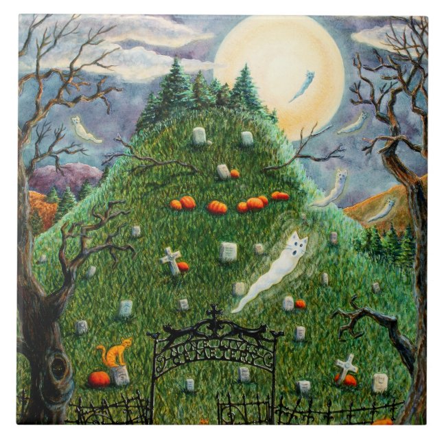 CAT SPÖKEN I NINA LIVES CMETERY, SPOOKY FOLK ART KAKELPLATTA (Framsidan)