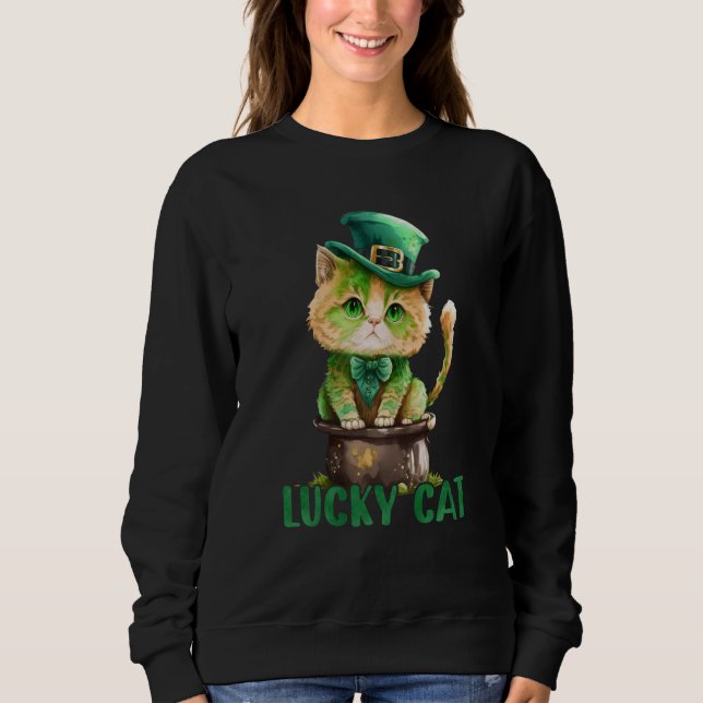 Cat St Patrick Leprechaun Shamrock Irish Lucky Cat T Shirt (Framsida)