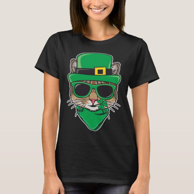 Cat St Patricks Day Shamrock Sunglasses Irish Pats T Shirt (Framsida)