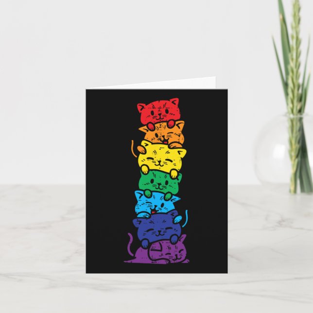 Cat Stack Rainbow Gay pride Cute Lgbt Animal Pet L Kort (Framsida)