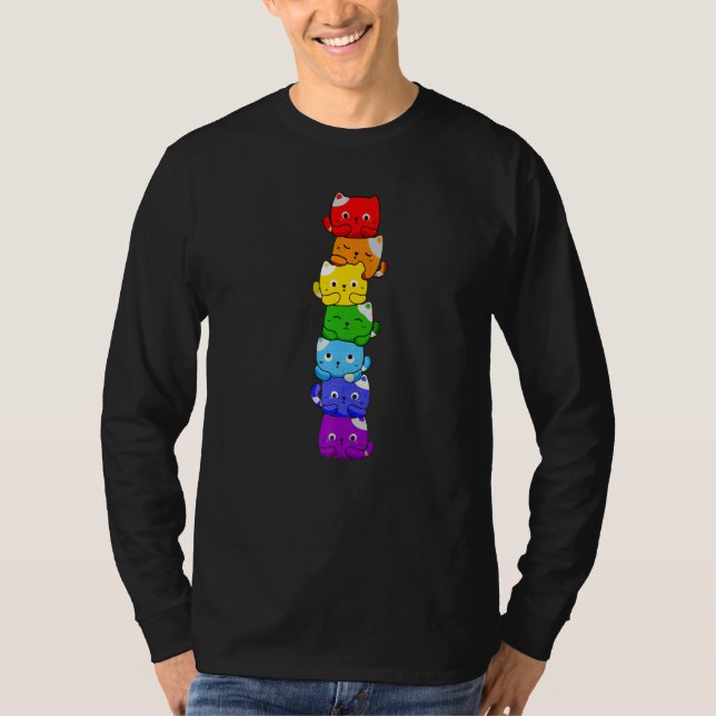 Cat Stack Rainbow Gay Pride Cute LGBT Animal Pet T Shirt (Framsida)