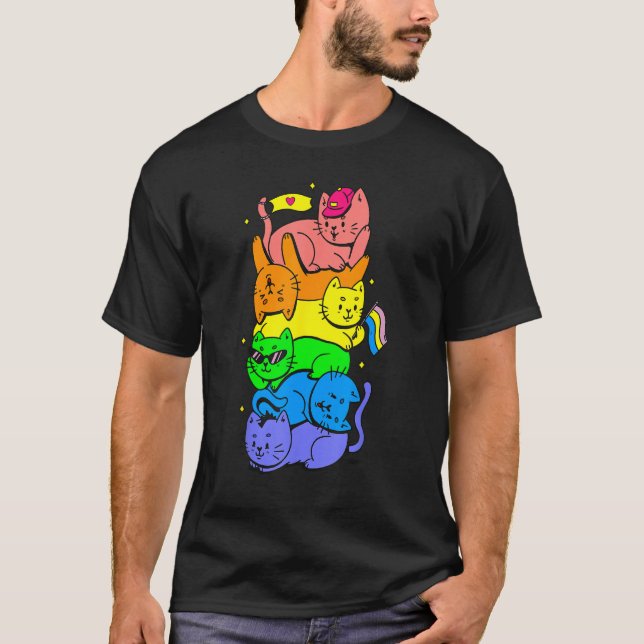 Cat Stack Rainbow Gay Pride Cute LGBT Animal Pet T Shirt (Framsida)