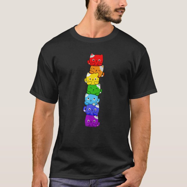 Cat Stack Rainbow Gay Pride Cute LGBT Animal Pet T Shirt (Framsida)