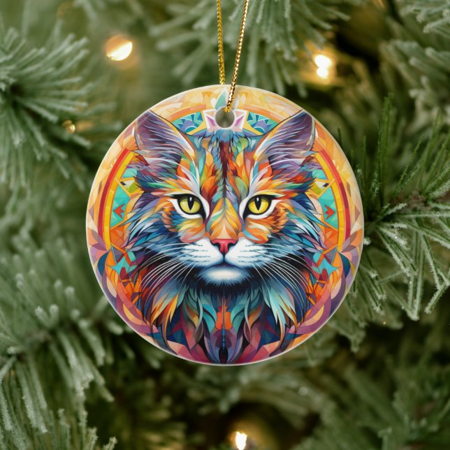Cat Stained Glass Ceramic Tree Decoration Julgransprydnad Keramik (Träd)