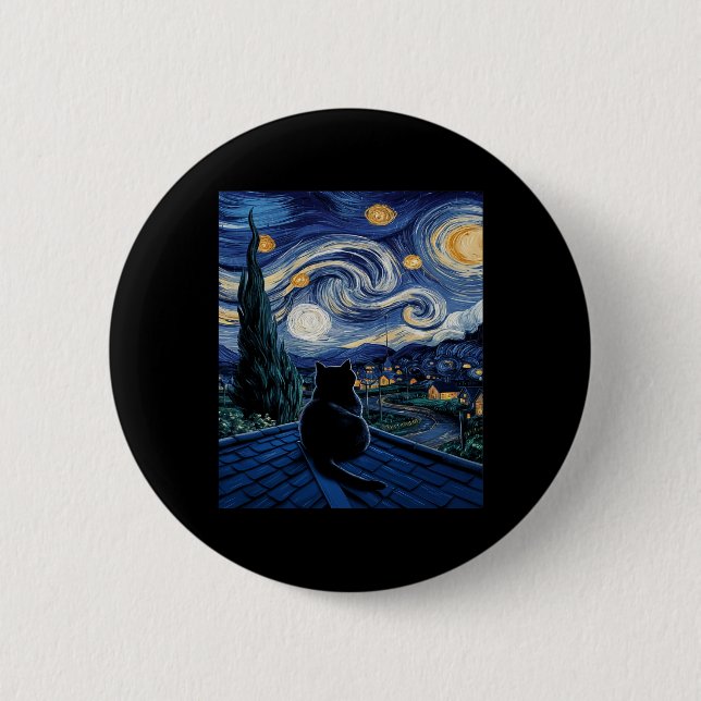 Cat Starry Night Van Gogh Cat Art Älskare Funny Ca Knapp (Framsida)