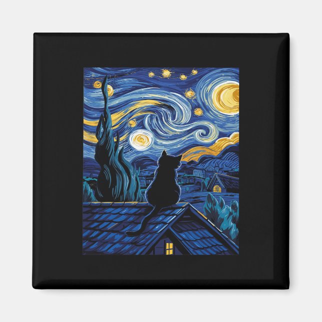 Cat Starry Night Van Gogh Cat Art Älskare Funny Ca Magnet (Framsidan)