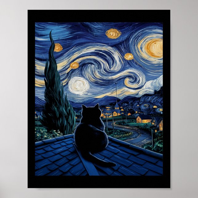 Cat Starry Night Van Gogh Cat Art Älskare Funny Ca Poster (Framsidan)