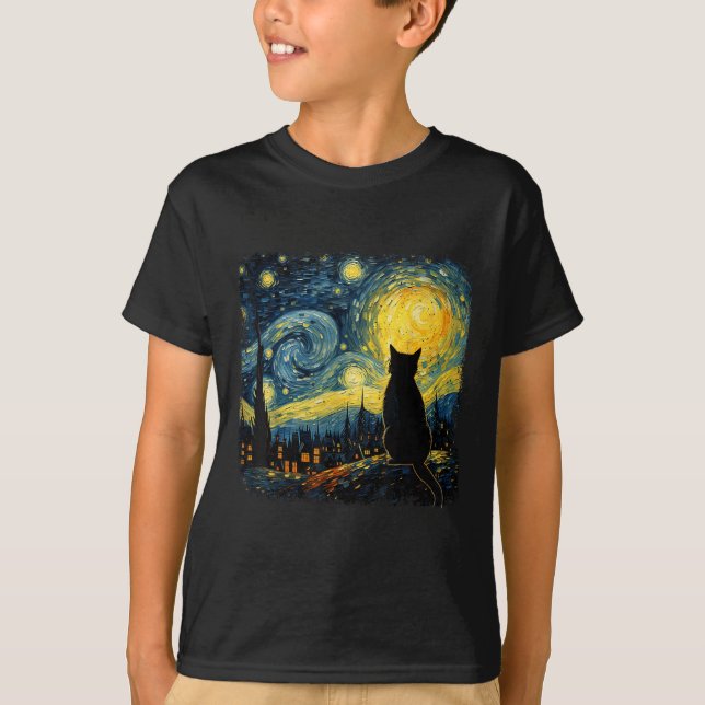 Cat Starry Night Van Gogh Cat för Cat Lover Cat Mo T Shirt (Framsida)