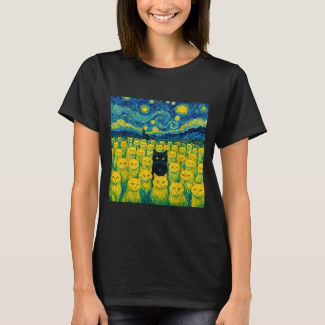 Cat Starry Night Van Gogh Cat For Cat Lover  T Shirt (Framsida)