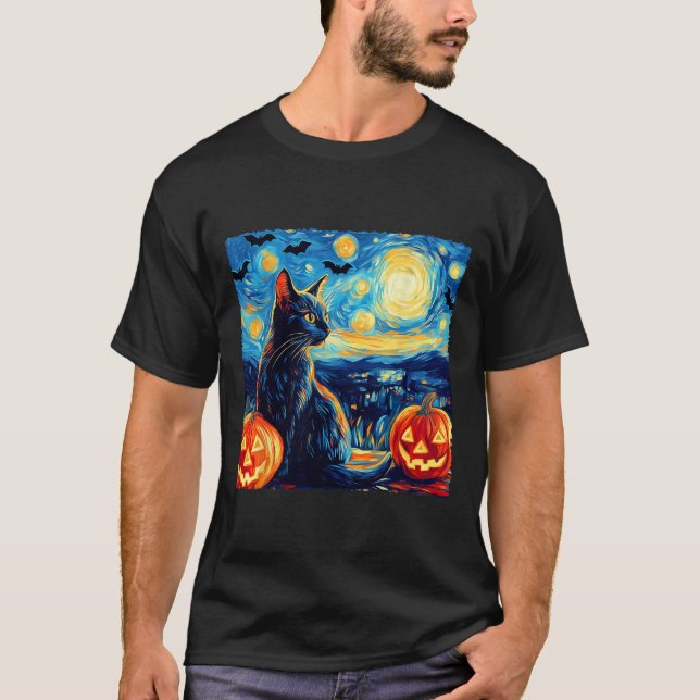 Cat Starry Night Van Gogh Cat Lover Fladdermus Pum T Shirt (Framsida)