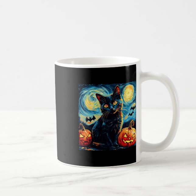 Cat Starry Night Van Gogh Cat Lover Pumpkins Fladd Kaffemugg (Höger)