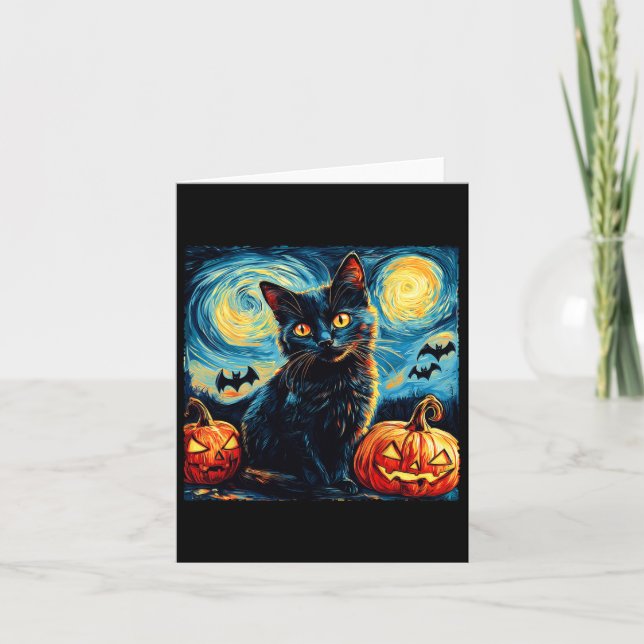 Cat Starry Night Van Gogh Cat Lover Pumpkins Fladd Kort (Framsida)