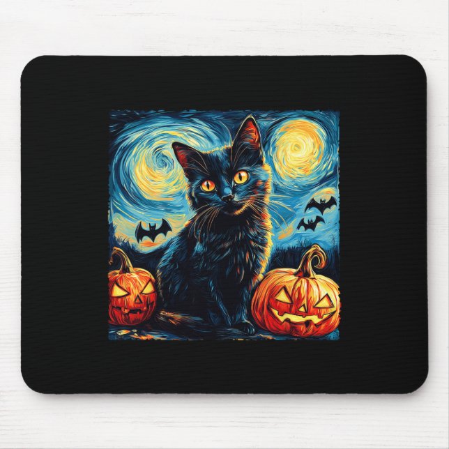 Cat Starry Night Van Gogh Cat Lover Pumpkins Fladd Musmatta (Framsidan)