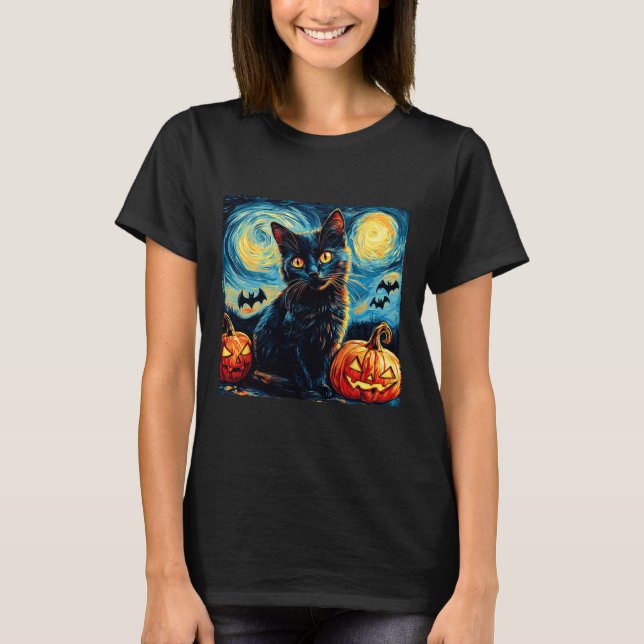 Cat Starry Night Van Gogh Cat Lover Pumpkins Fladd T Shirt (Framsida)