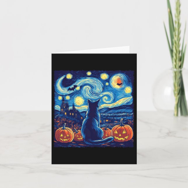 Cat Starry Night Van Gogh Cat Lovers Fladdermus Pu Kort (Framsida)
