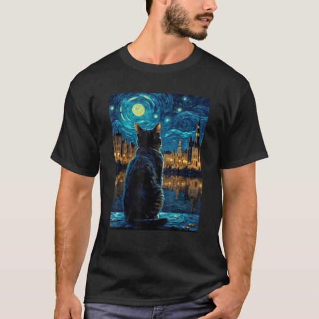 Cat Starry Night Van Gogh Gift for Cat Mamma Cat P T Shirt (Framsida)