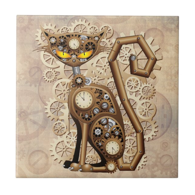 Cat Steampunk Vintage Retro Stil Maskin Kakelplatta (Framsidan)