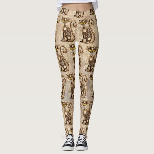 Cat Steampunk Vintage Retro Stil Maskin Leggings (Framsida)
