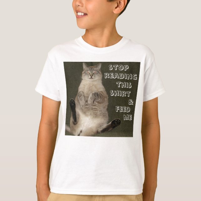 Cat STOP READING SHIRT och MATA ME Kids Basic Tee (Framsida)