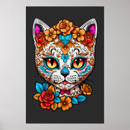 Cat Sugar Skull Halloween, Dia de los Muertos Poster