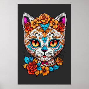 Cat Sugar Skull Halloween, Dia de los Muertos Poster