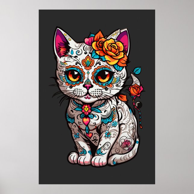 Cat Sugar Skull Halloween, Dia de los Muertos Poster (Framsidan)