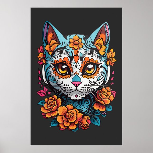 Cat Sugar Skull Halloween, Dia de los Muertos Poster (Framsidan)
