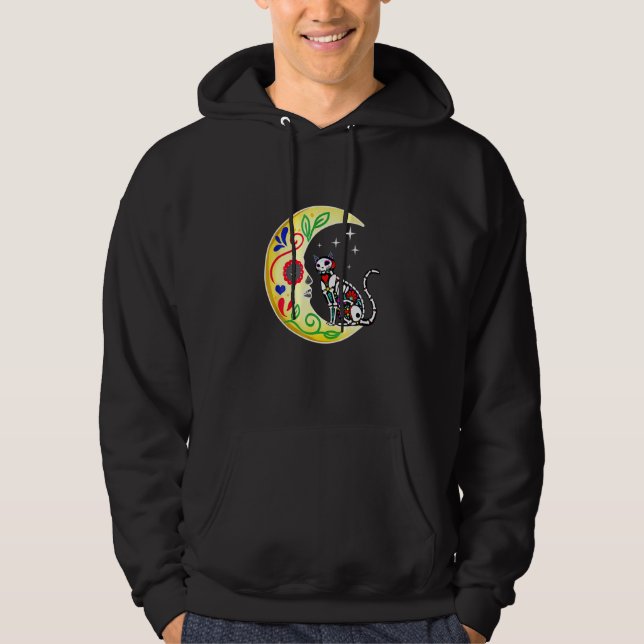 Cat Sugar Skull Mexico Calavera Moon Halloween Hoodie (Framsida)