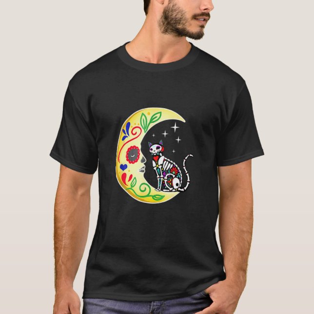 Cat Sugar Skull Mexico Calavera Moon Halloween T Shirt (Framsida)
