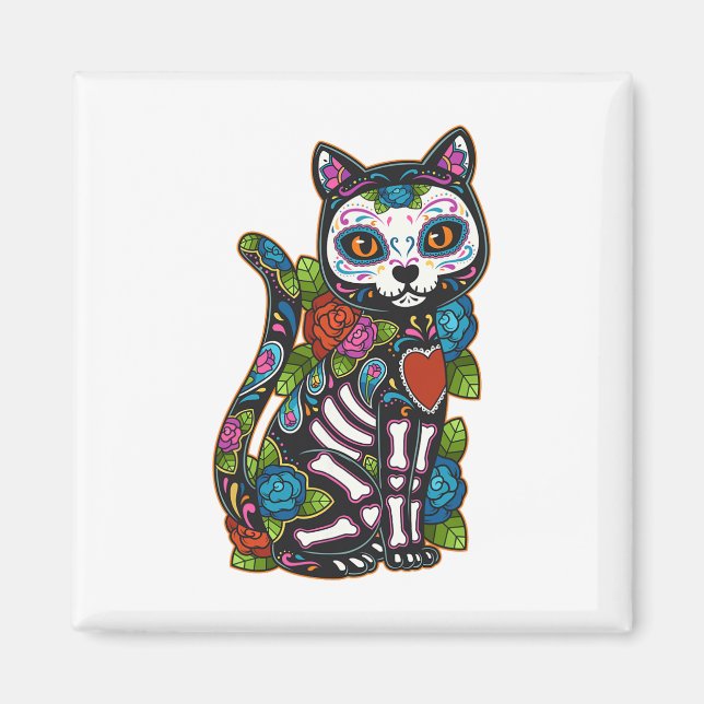 Cat Sugar Skull Mexiko Calavera Dia de Los Muertos Magnet (Framsidan)