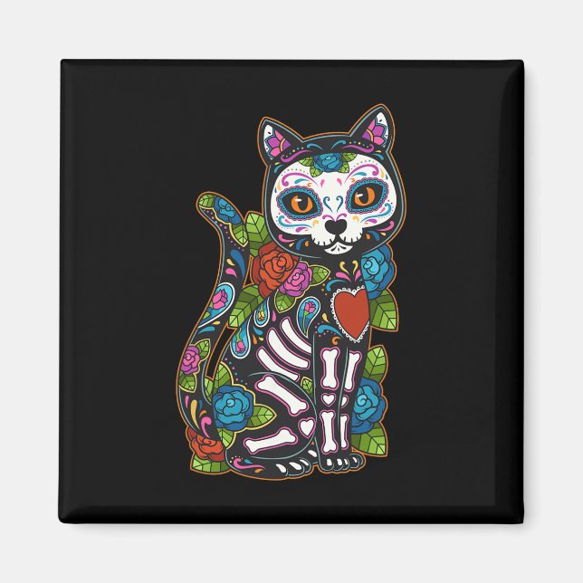 Cat Sugar Skull Mexiko Calavera Dia de Los Muertos Magnet (Framsidan)