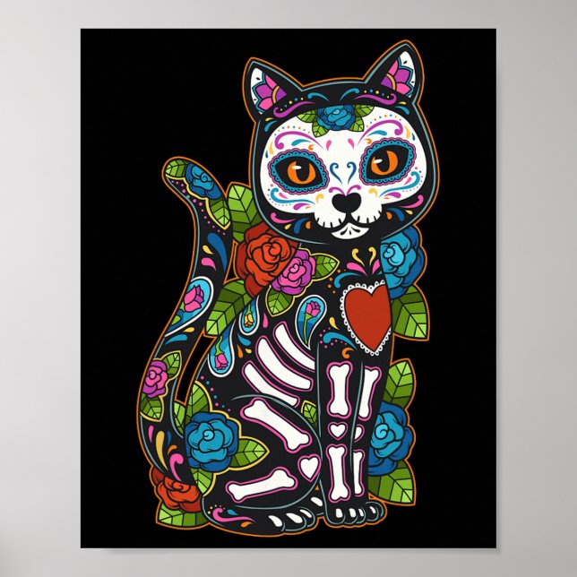 Cat Sugar Skull Mexiko Calavera Dia de Los Muertos Poster (Framsidan)