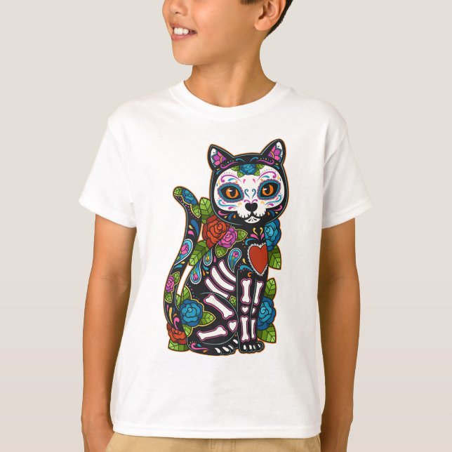 Cat Sugar Skull Mexiko Calavera Dia de Los Muertos T Shirt (Framsida)