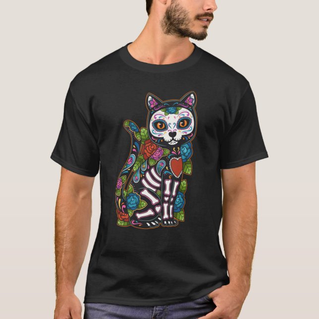 Cat Sugar Skull Mexiko Calavera Dia de Los Muertos T Shirt (Framsida)