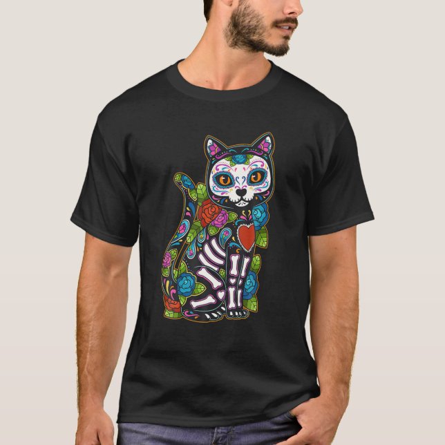 Cat Sugar Skull Mexiko Calavera Dia de Los Muertos T Shirt (Framsida)