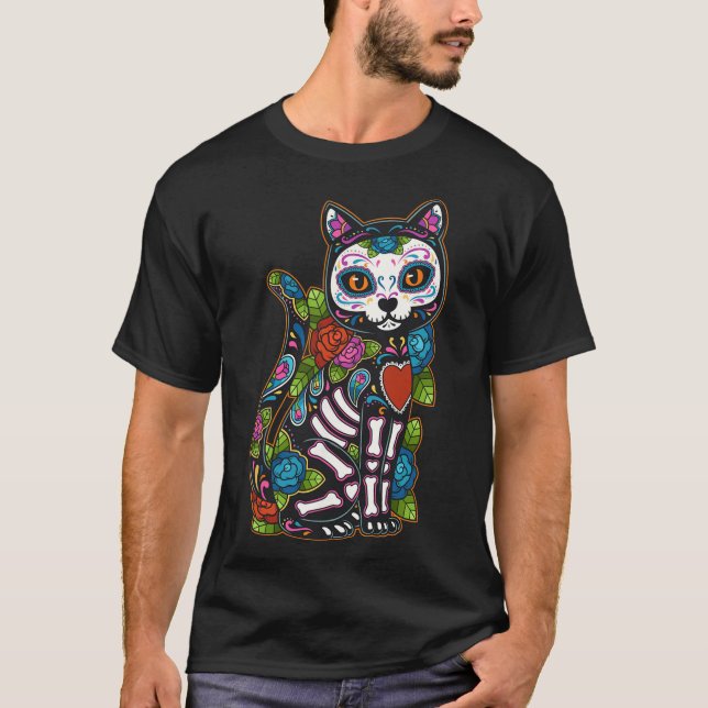 Cat Sugar Skull Mexiko Calavera Dia de Los Muertos T Shirt (Framsida)