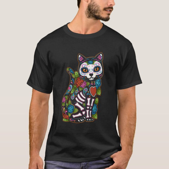 Cat Sugar Skull Mexiko Calavera Dia de Los Muertos T Shirt (Framsida)