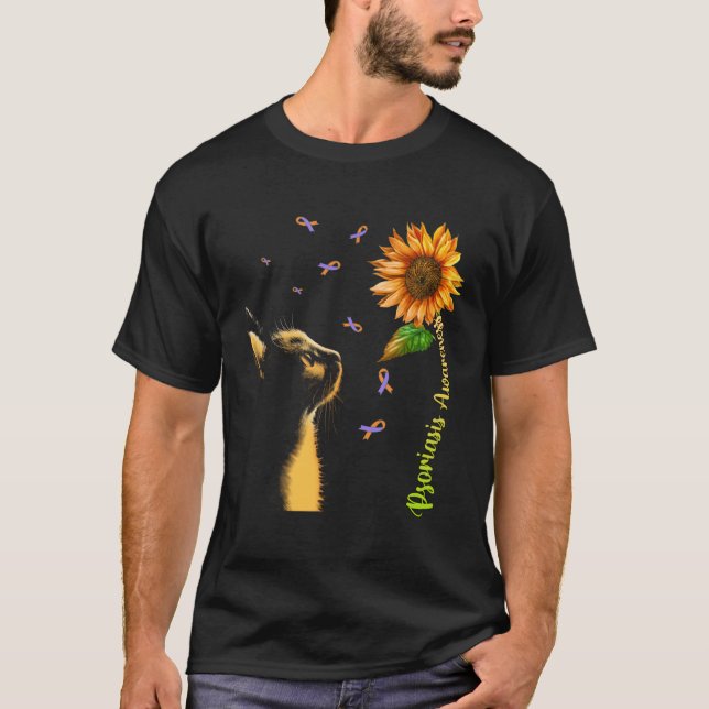 Cat Sunflower Psoriasis Awareness T Shirt (Framsida)