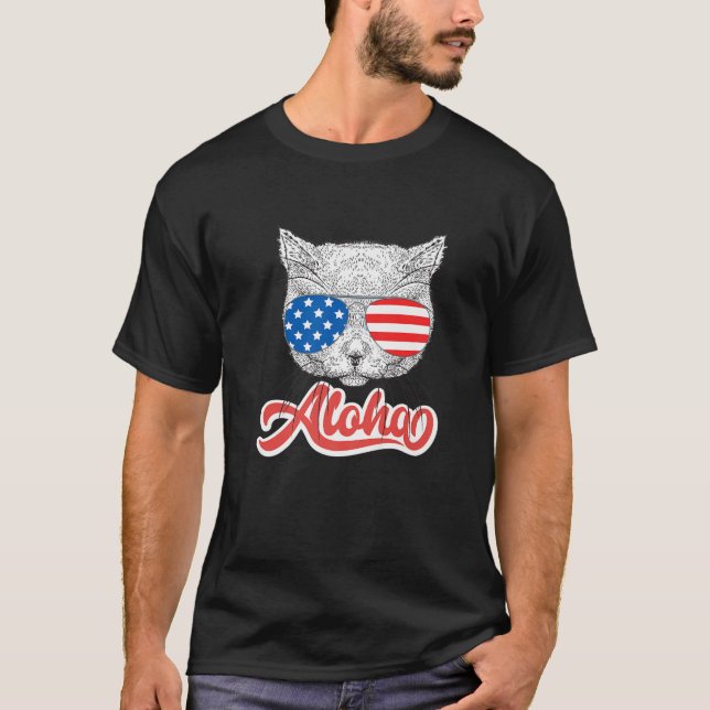 Cat Sunglass American Flagga Cute Kitten Aloha Haw T Shirt (Framsida)