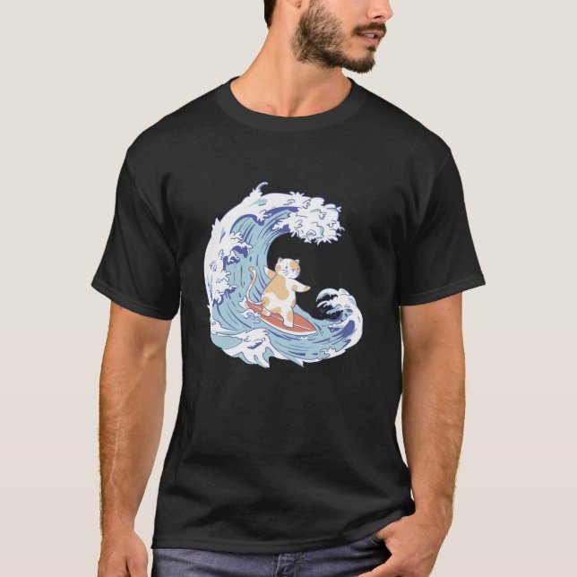 Cat Surfer Sea wave Kattunge Retro Anime Japan T S T Shirt (Framsida)