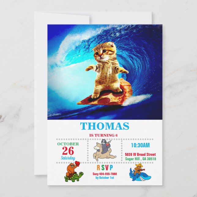 Cat Surfing Pizza Inbjudningar (Framsida)