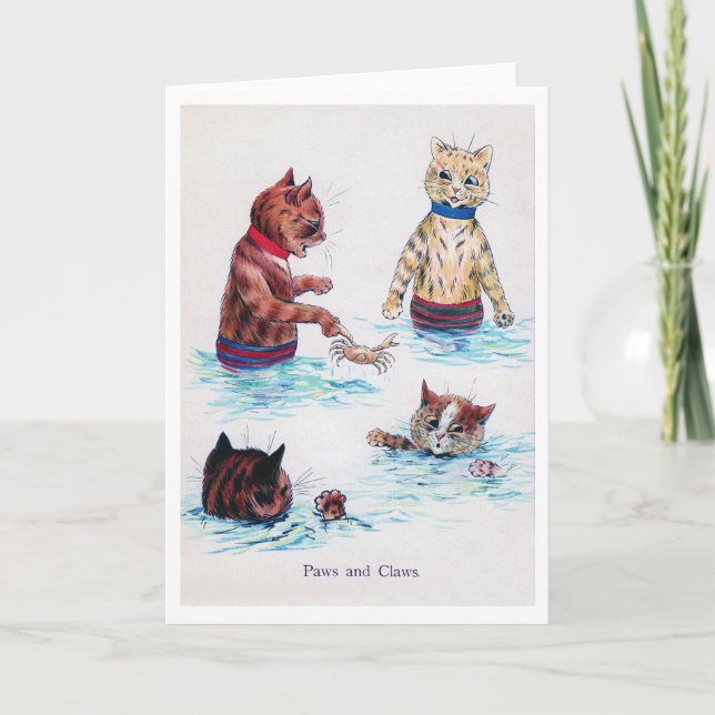 Cat Swimming vid Beach, Louis Wain Kort (Framsida)