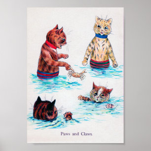 Cat Swimming vid Beach, Louis Wain Poster