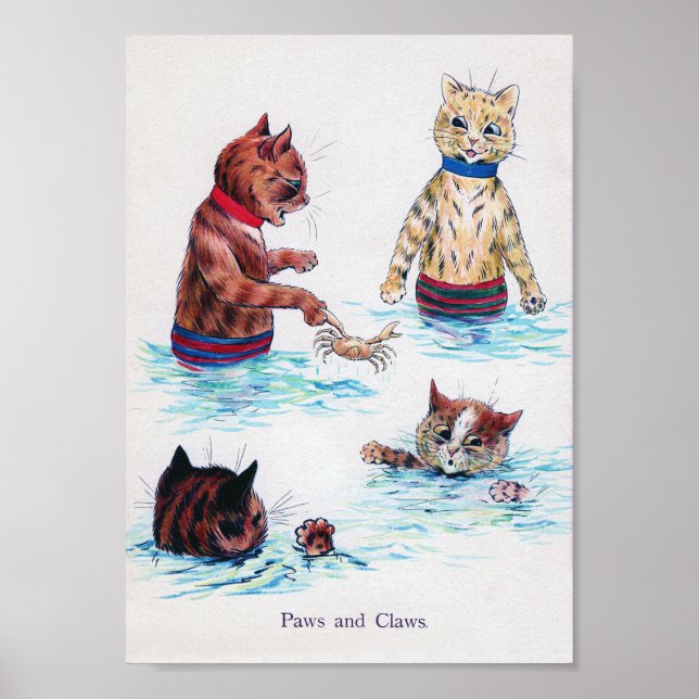 Cat Swimming vid Beach, Louis Wain Poster (Framsidan)