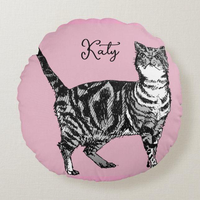 Cat Tabby Pastel Cats Girls Rose Pink Pets Rund Kudde (Framsidan)